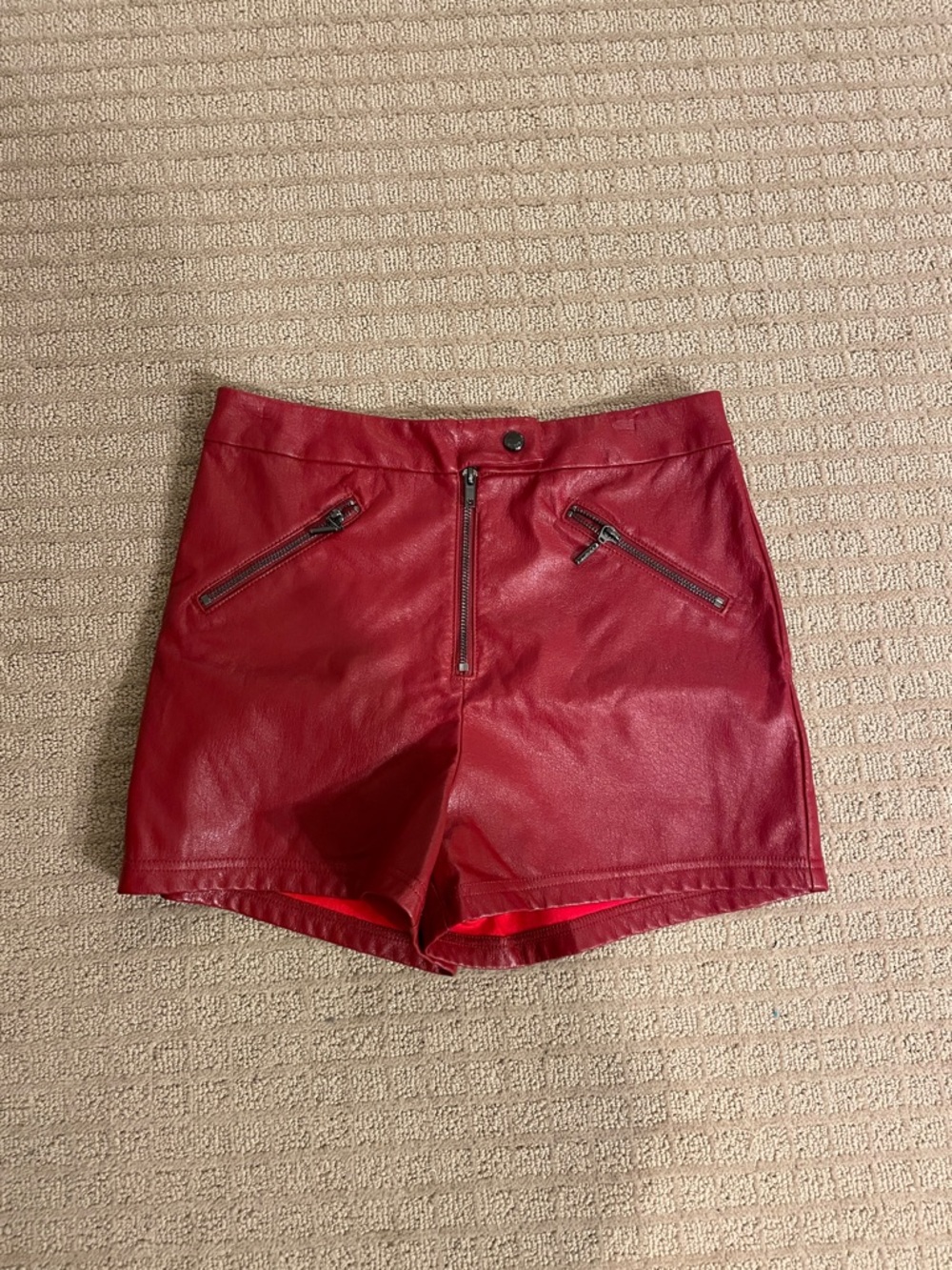 Guess Red Faux Leather High-Waist Zip-Front Shorts
